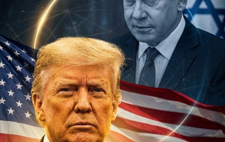 Editorial illustration: Trump Picks Up the Phone and Tells Netanyahu to Stand Down