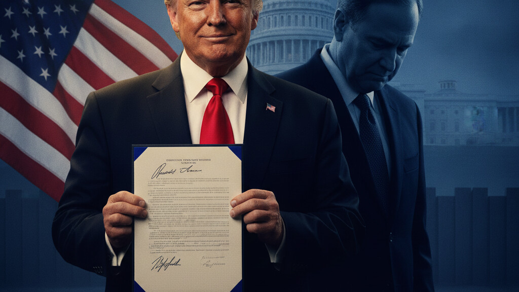 Editorial illustration: Trump Signs Secure America Act, Locks in 4 Billion for ICE and Border Patrol Thr