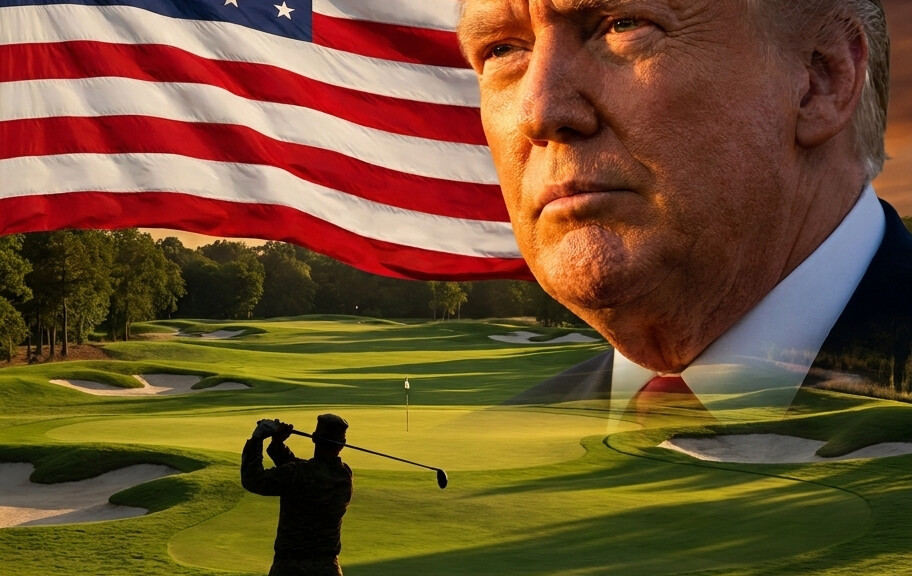 Editorial illustration: Trump Slams Maryland Governor for Blocking Military Golf Course Renovation