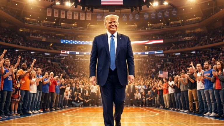 Editorial illustration: Trump Takes the Court at MSG: President Faces Mixed Reception at NBA Finals