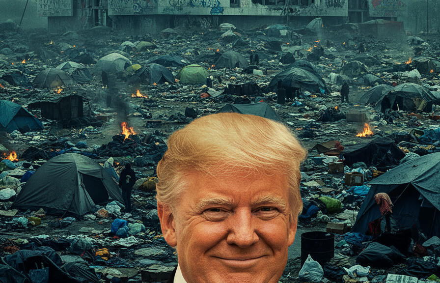 Editorial illustration: Trump Trolls Obama’s 50M Library With AI Image Showing It as Trash-Filled