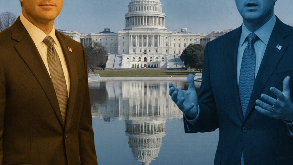 Editorial illustration: Interior Secretary Burgum Destroys Stephanopoulos Over Reflecting Pool Lies