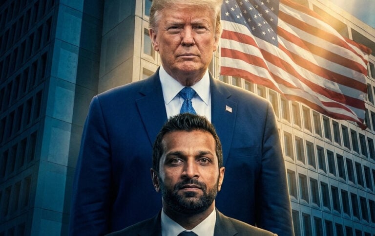 Editorial illustration: Kash Patel Surges FBI Resources Into Revival of Trump’s ‘Bogus’
