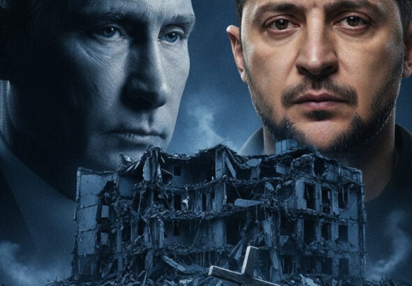 Editorial illustration: Russia Unleashes Massive Attack on Kyiv, Killing 14 Civilians in Residential Bui