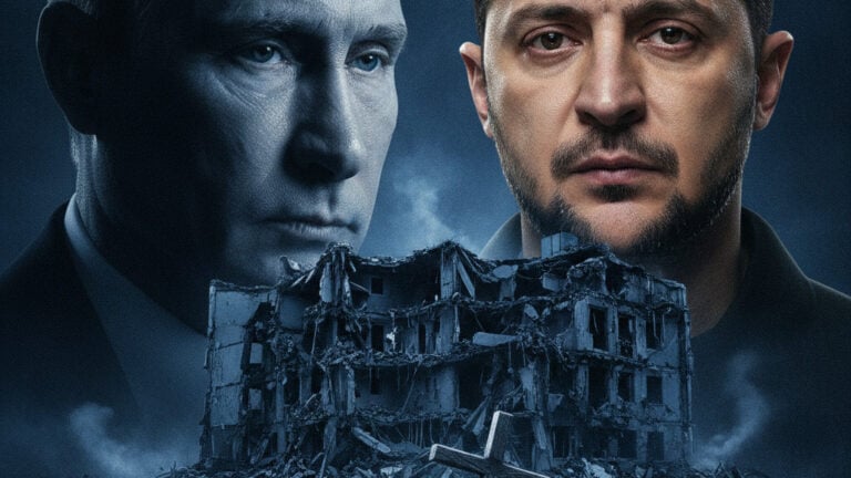Editorial illustration: Russia Unleashes Massive Attack on Kyiv, Killing 14 Civilians in Residential Bui
