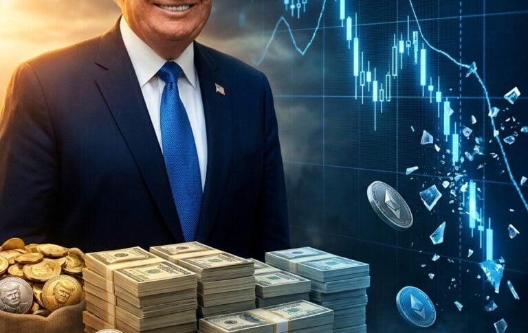 Editorial illustration: Trump’s Crypto Empire Raked in .2 Billion Last Year While His Supporters W