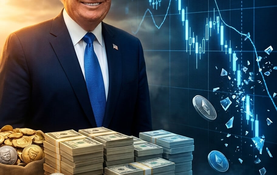 Editorial illustration: Trump’s Crypto Empire Raked in .2 Billion Last Year While His Supporters W