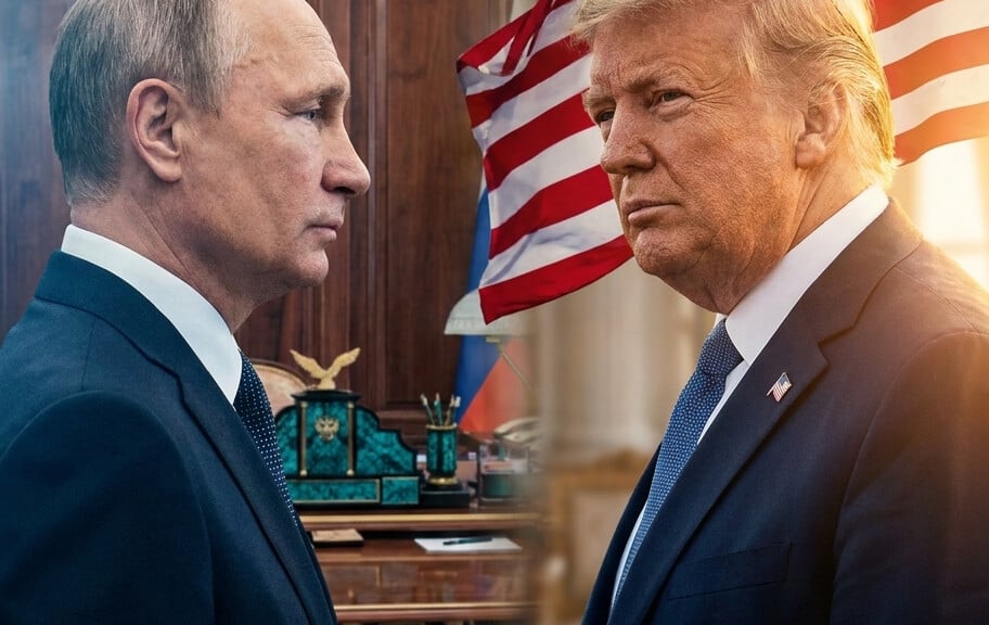 Editorial illustration: Trump and Putin Talk for 85 Minutes: Russia Congratulates America on 250th Anniv