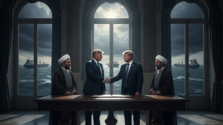 Editorial illustration: Trump and Vance Sign Historic Peace Memorandum with Iran, Reopening Strait of Ho