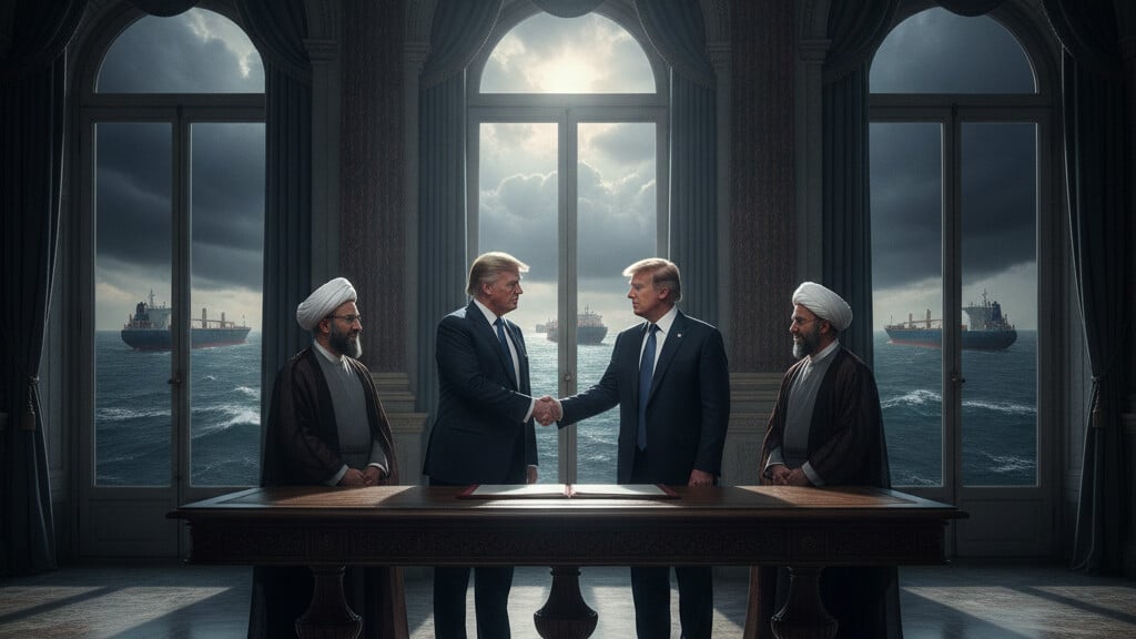 Editorial illustration: Trump and Vance Sign Historic Peace Memorandum with Iran, Reopening Strait of Ho