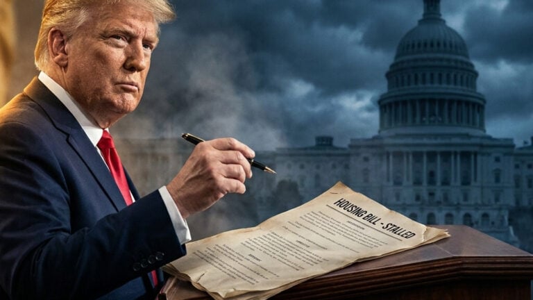 Editorial illustration: Trump Cancels Signing of Bipartisan Housing Bill, Leaving Lawmakers Scrambling