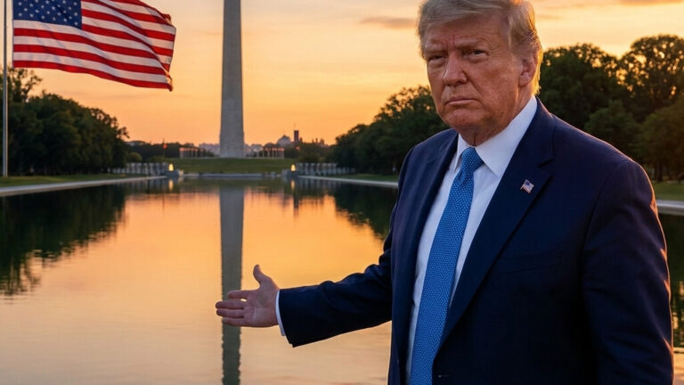 Editorial illustration: Trump Declares Victory Over Reflecting Pool Vandalism, Demands Suspect’s A