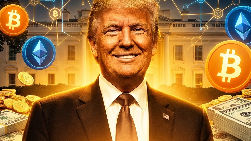 Editorial illustration: Trump Raked in $1.2 Billion From Crypto Ventures in First Year Back in Office