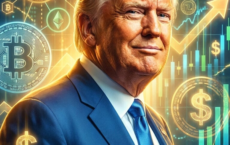 Editorial illustration: Trump Reaps Over .4 Billion From Crypto Ventures in First Year Back in Office