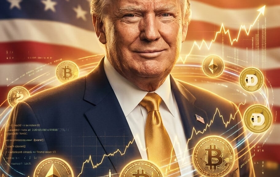 Editorial illustration: Trump Reports .4 Billion Crypto Windfall in Financial Disclosure