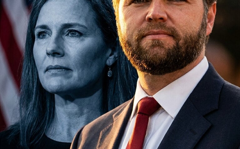 Editorial illustration: Vance Calls Out Amy Coney Barrett Over Birthright Citizenship Ruling